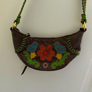 Brown Leather crossbody with flowers and birds appliqué Very Cool